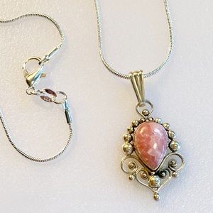 Sterling Silver Mexican Filigree & Pink Rhodochrosite Gemstone Pendant Necklace